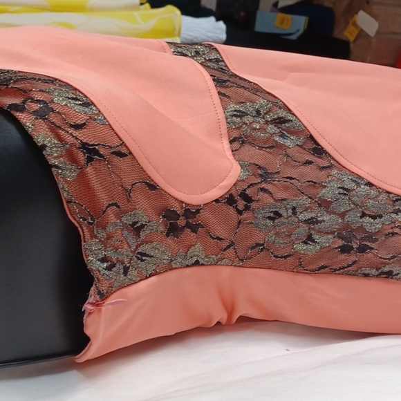 NWT La Reyna One Shoulder Dress, Peach w Black & Gold lace accents - Picture 3 of 5